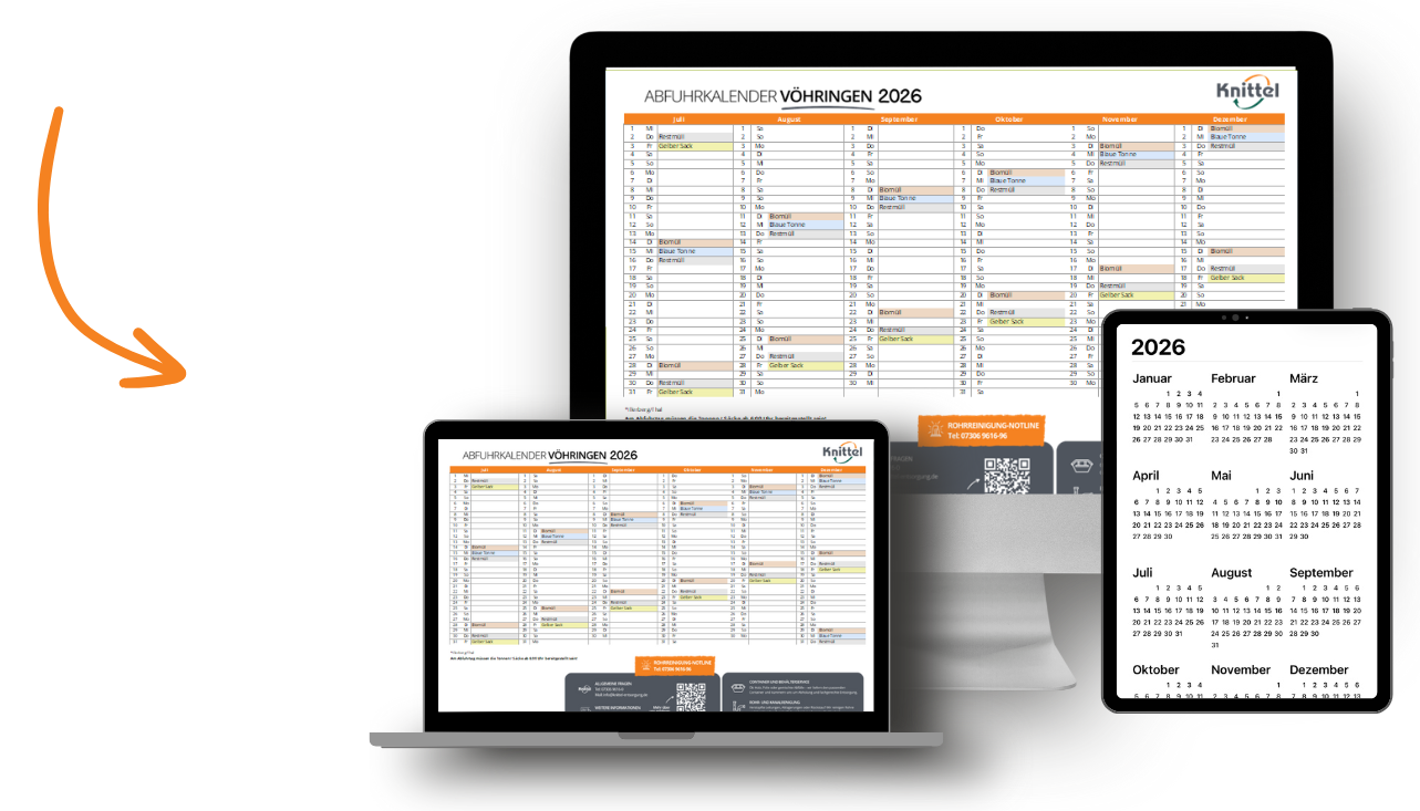 Abfuhrkalender 2026: Übersicht aller Abfuhrtermine für Restmüll, Biomüll, Papier und Wertstoffe.